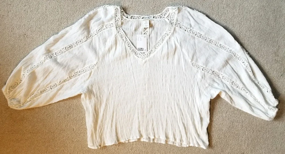 NWT Womens Top-H&M-white gauzy 'Lace-detail Blouse' raglan balloon slv Beachy-XL